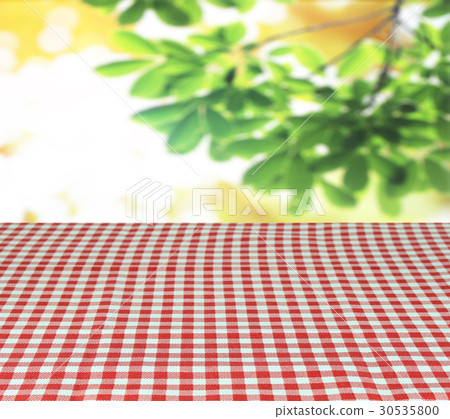checkered tablecloth and blur leaves background 30535800