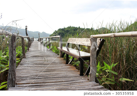 bamboo bridge walkway to lake on green field 30535958