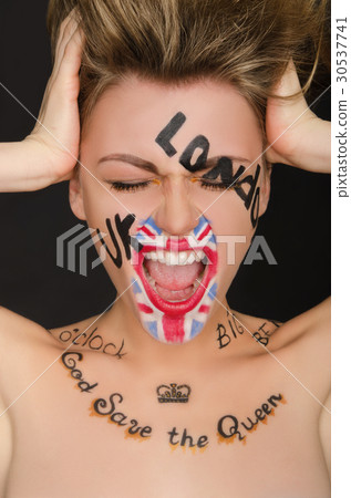 Emotional young woman with english face art Emotional young woman with english face art 30537741