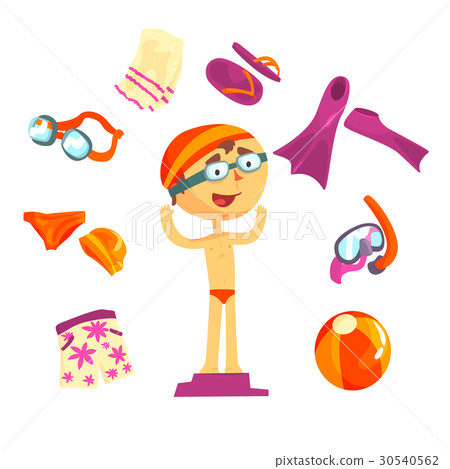Swimmer and beach accessories set for label design 30540562