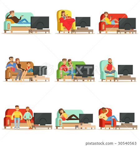 Happy people watching television sitting on the Happy people watching television sitting on the 30540563