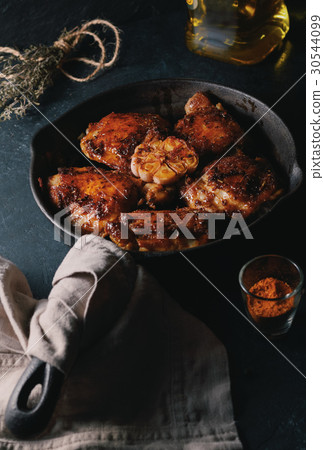 Homemade roasted chicken slices in a fried pan Homemade roasted chicken slices in a fried pan 30544099