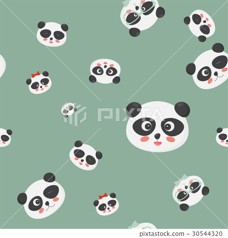 Vector seamless pattern: panda bear faces on a green background, pandas with different emotions.