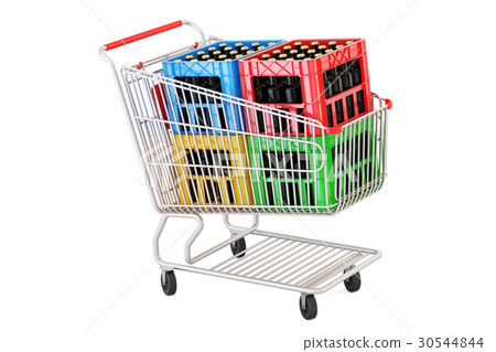 shopping cart with crates beer, 3D rendering 30544844