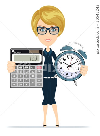 Woman holding an electronic calculator and alarm Woman holding an electronic calculator and alarm 30545242