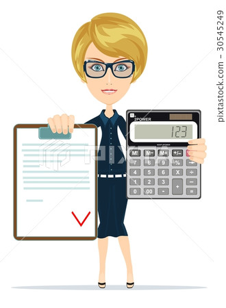 Woman holding an electronic calculator and Woman holding an electronic calculator and 30545249