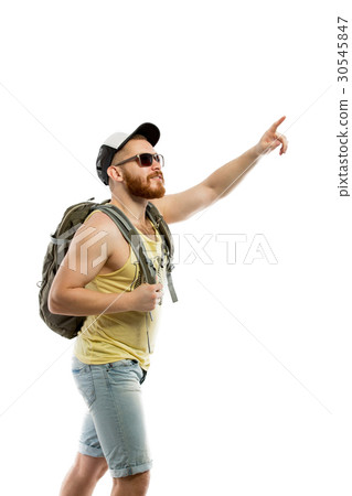 Side view of bearded traveler in sunglasses with Side view of bearded traveler in sunglasses with 30545847