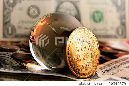 bitcoin cristal globe over dollar background bitcoin cristal globe over dollar background 30546879