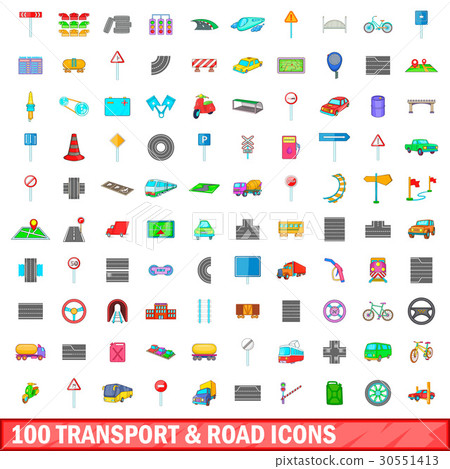100 transport and road icons set, cartoon style - Stock Illustration ...