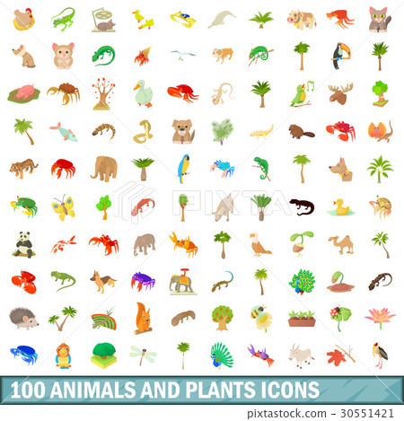 100 animals and plants icons set, cartoon style 30551421