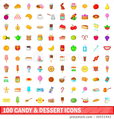 100 candy and dessert icons set, cartoon style 30551441