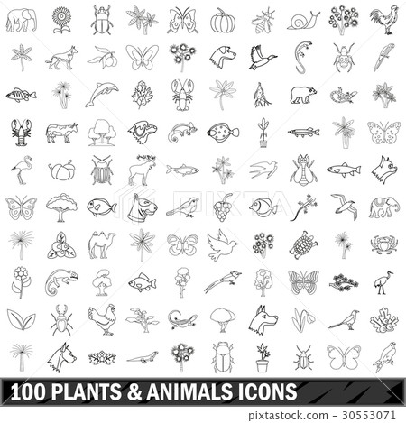 100 plants and animals icons set, outline style 30553071