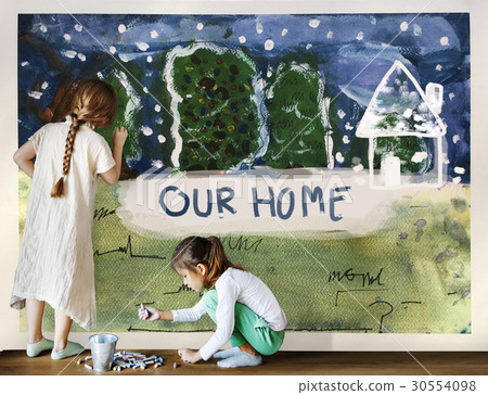 Children painting home winter drawing Children painting home winter drawing 30554098