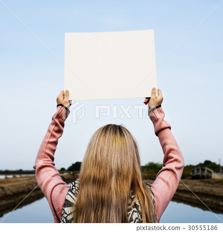 Young Woman Hands Holding Blank Empty Paper 30555186