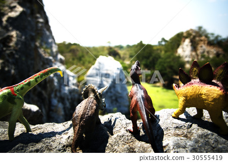 Diverse Group of Dinosaur Toys Standing on the Rock Together 30555419