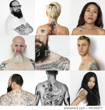 Set of Diversity People Showing Tattoo Studio Collage 30556977