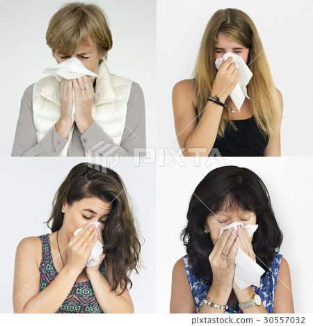 Set of Diversity People Blowing Nose Sickness Studio Collage Set of Diversity People Blowing Nose Sickness Studio Collage 30557032
