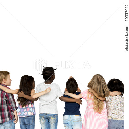 Group of children huddle together in rear view Group of children huddle together in rear view 30557662