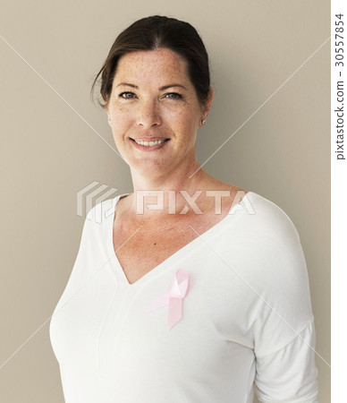 Caucasian Woman with a Pink Breast Cancer Ribbin 30557854