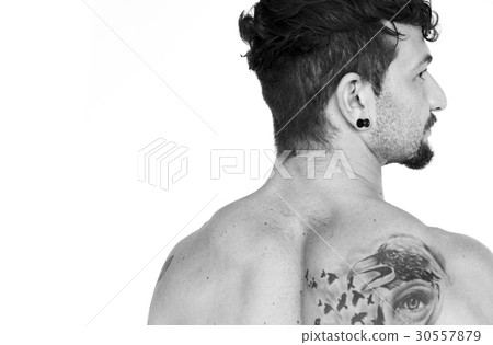 Man bare chest naked studio portrait in rear view 30557879