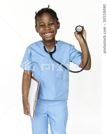 Happiness little girl with doctor dream job smiling Happiness little girl with doctor dream job smiling 30558090