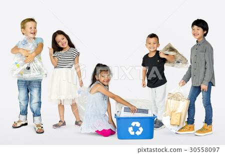 Ecology group of children separate trash for recycle Ecology group of children separate trash for recycle 30558097