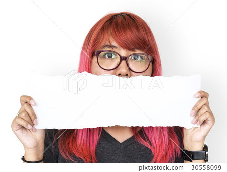 Young adult asian girl holding balnk paper cover her mouth Young adult asian girl holding balnk paper cover her mouth 30558099