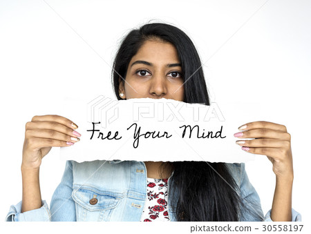 Indian woman is holding a word free your mind 30558197