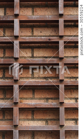 Wooden slat and brick wall. Texture background. Wooden slat and brick wall. Texture background. 30559214