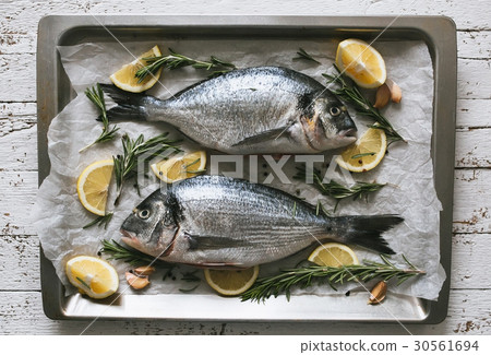 Fresh Dorado fish with lemon and rosemary Fresh Dorado fish with lemon and rosemary 30561694