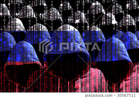 Group of hooded hackers and digital russian flag 30567511