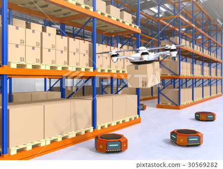 A drone carrying baggage and an orange-colored transport robot. Concept of logistics support robot 30569282