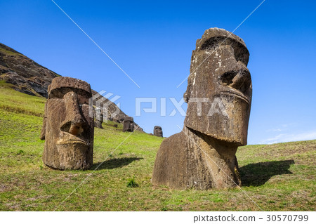Moai statues on Rano Raraku volcano, easter island Moai statues on Rano Raraku volcano, easter island 30570799