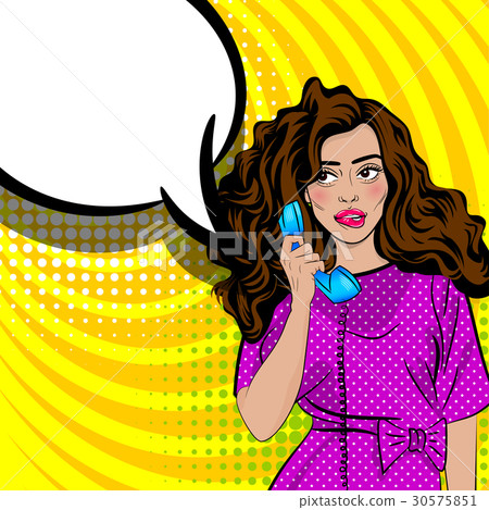 Pop art cartoon woman talk hold hand retro phone Pop art cartoon woman talk hold hand retro phone 30575851
