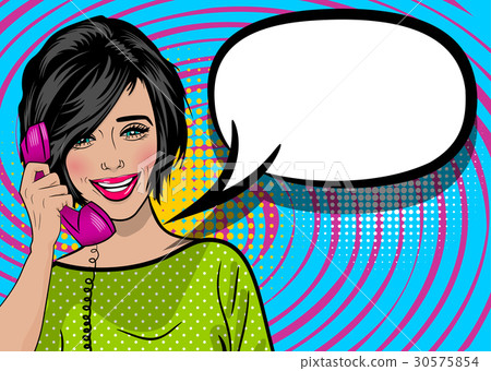 Pop art cartoon woman hold hand retro phone talk Pop art cartoon woman hold hand retro phone talk 30575854