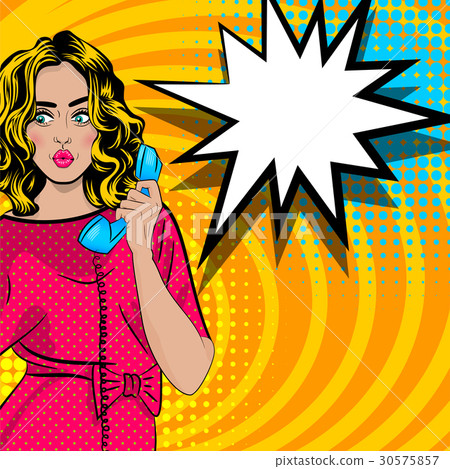 Pop art cartoon woman talk hold hand retro phone Pop art cartoon woman talk hold hand retro phone 30575857