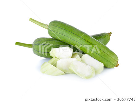 whole and portion cut fresh luffa gourd with stem 30577745