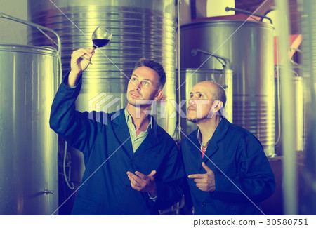 Two professional men coworkers wearing uniform standing with glass of wine Two professional men coworkers wearing uniform standing with glass of wine 30580751