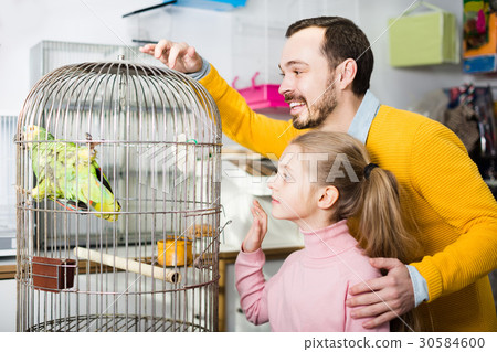 father and daughter excited to see green parrot in pet shop 30584600