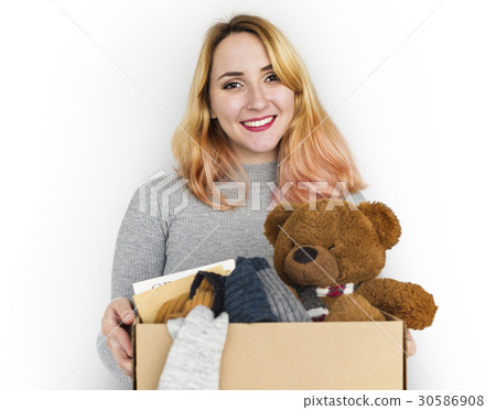 Woman Studio Portriat Casual Carrying a Box Isolated 30586908