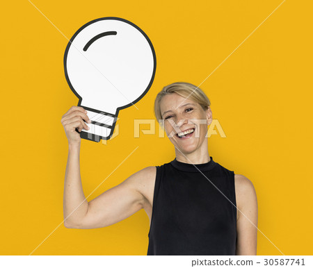 Woman Smiling Happiness Paper Craft Arts Light Bulb Ideas Studio Portrait Woman Smiling Happiness Paper Craft Arts Light Bulb Ideas Studio Portrait 30587741