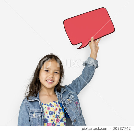 Little Girl Holding Chat Box Smiling Adorable 30587742