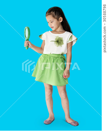 A girl is holding green magnifier A girl is holding green magnifier 30588798