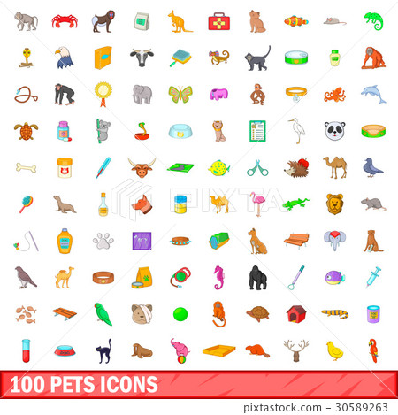100 pets icons set, cartoon style 30589263