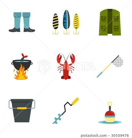 Fishing elements icons set, flat style Fishing elements icons set, flat style 30589476