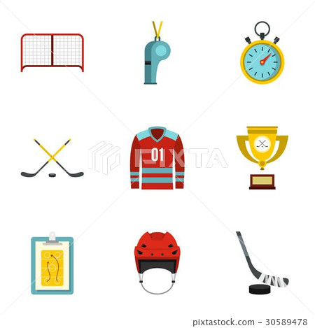 Hockey icons set, flat style 30589478