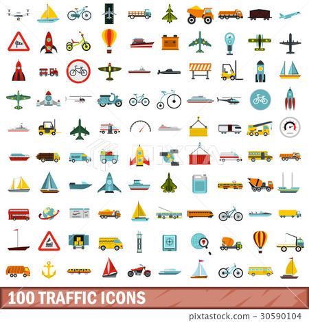 100 traffic icons set, flat style 30590104