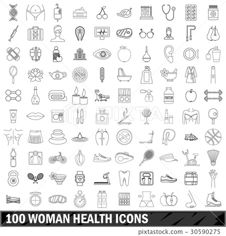 100 woman health icons set, outline style 100 woman health icons set, outline style 30590275