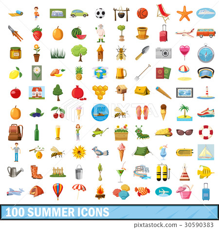 100 summer icons set, cartoon style 100 summer icons set, cartoon style 30590383