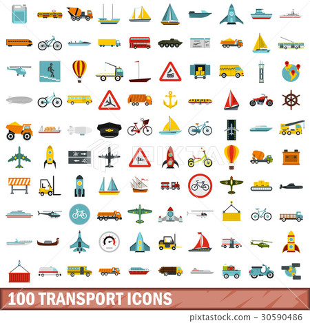 100 transport icons set, flat style 30590486